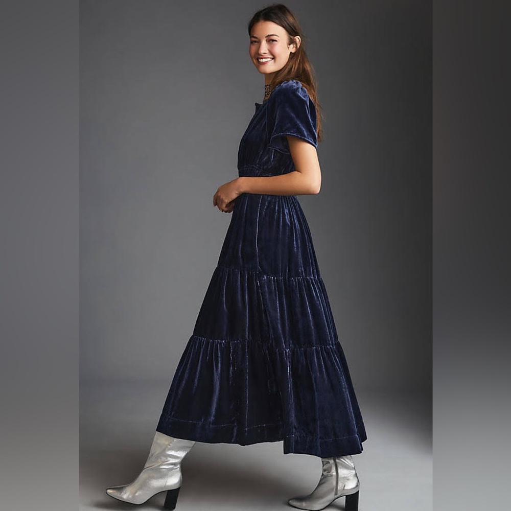 Anthropologie XXS NWT Somerset Velvet Edition Maxi Dress Long Tiered Navy Blue